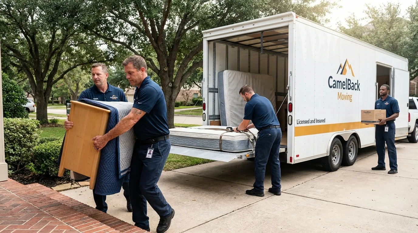 Crew loading residential truck for cross-state move from Mapleton, IA