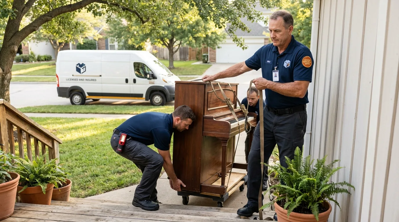 Licensed piano movers securing grand piano in Mapleton, IA