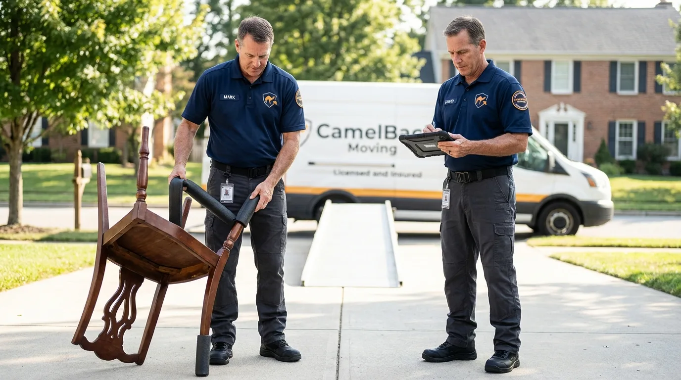 Movers inspecting furniture for damage prevention before loading in Mapleton, IA