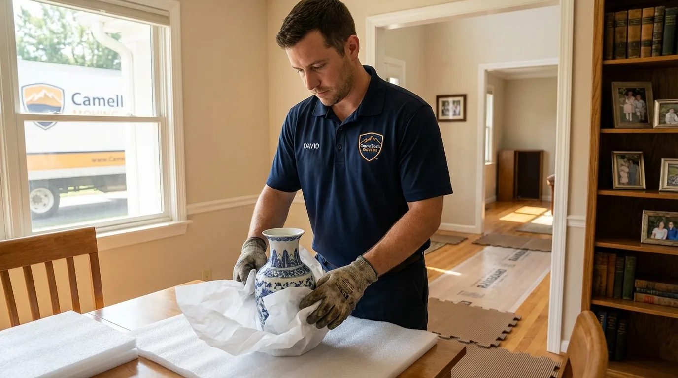 Professional crew carefully wrapping antique vase for senior downsizing move in Mapleton, IA